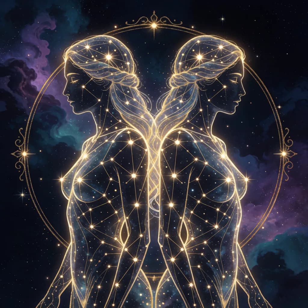 Golden constellation illustration of the Gemini zodiac sign