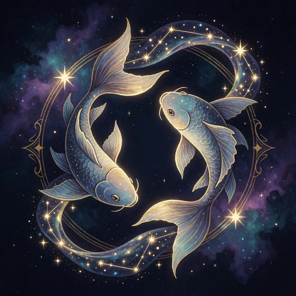 Golden constellation illustration of the Pisces zodiac sign